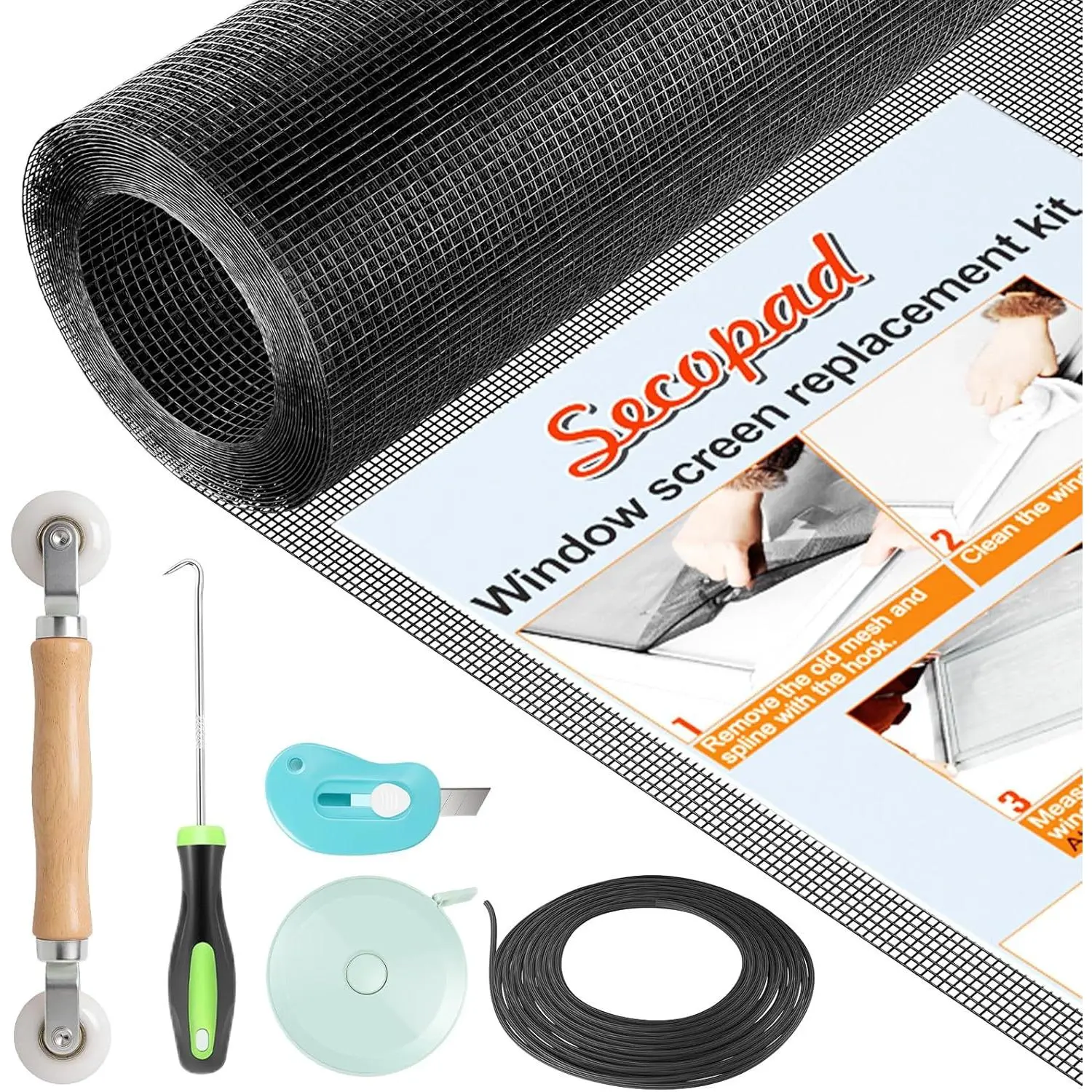 Window Screen Repair Kit, 39" x 78" Screen Door Mesh  Kit, Durable Fiberglass Roll with Tools for Windows Doors Patio and Porch , Black