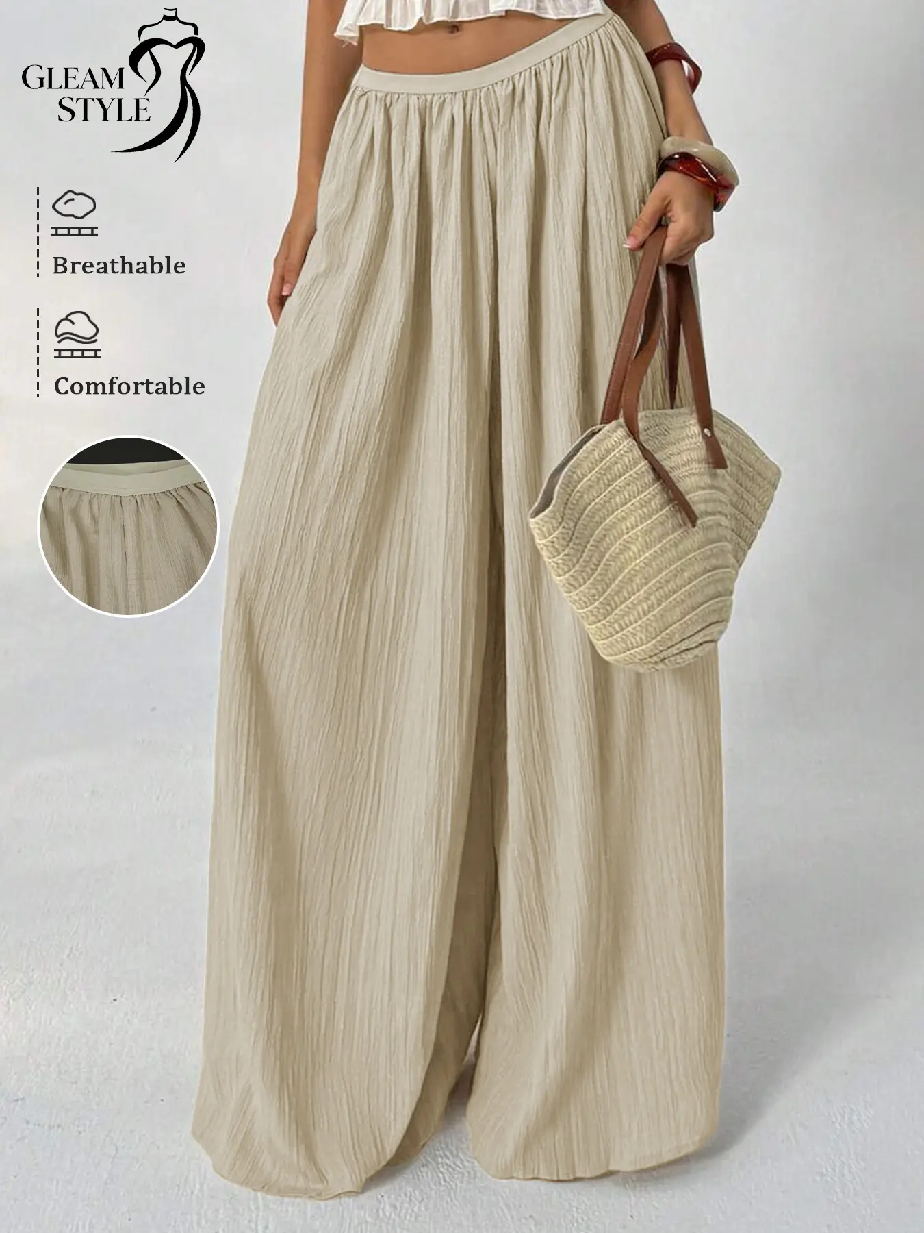 Women's Loose-Fitting High-Waisted Wide-Leg Pants, Fashionable Plain Surface Long Trousers, All-Seasons Comfortable Clothing