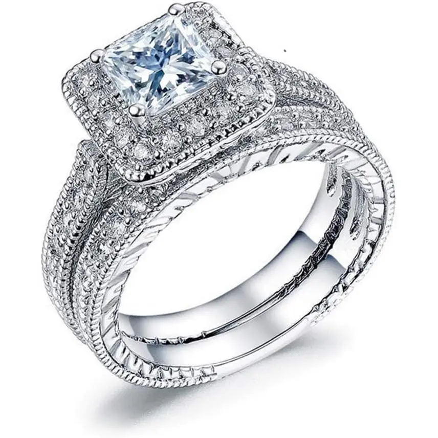 925 Sterling Silver Two in one Double-Layer Cubic Zirconia Wedding Ring for Women, Halo Wedding Ring Set, Men's and Women's Titanium Stainless Steel Ring 2-Piece Set Size 7