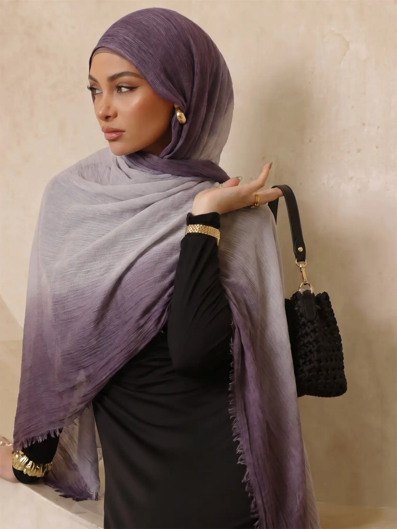 Lightweight Simple Muslim Headscarf Cover, Elegant Solid Gradient Scarf, Fashion Wrinkle Shawl, Versatile Casual Shawl for Abaya