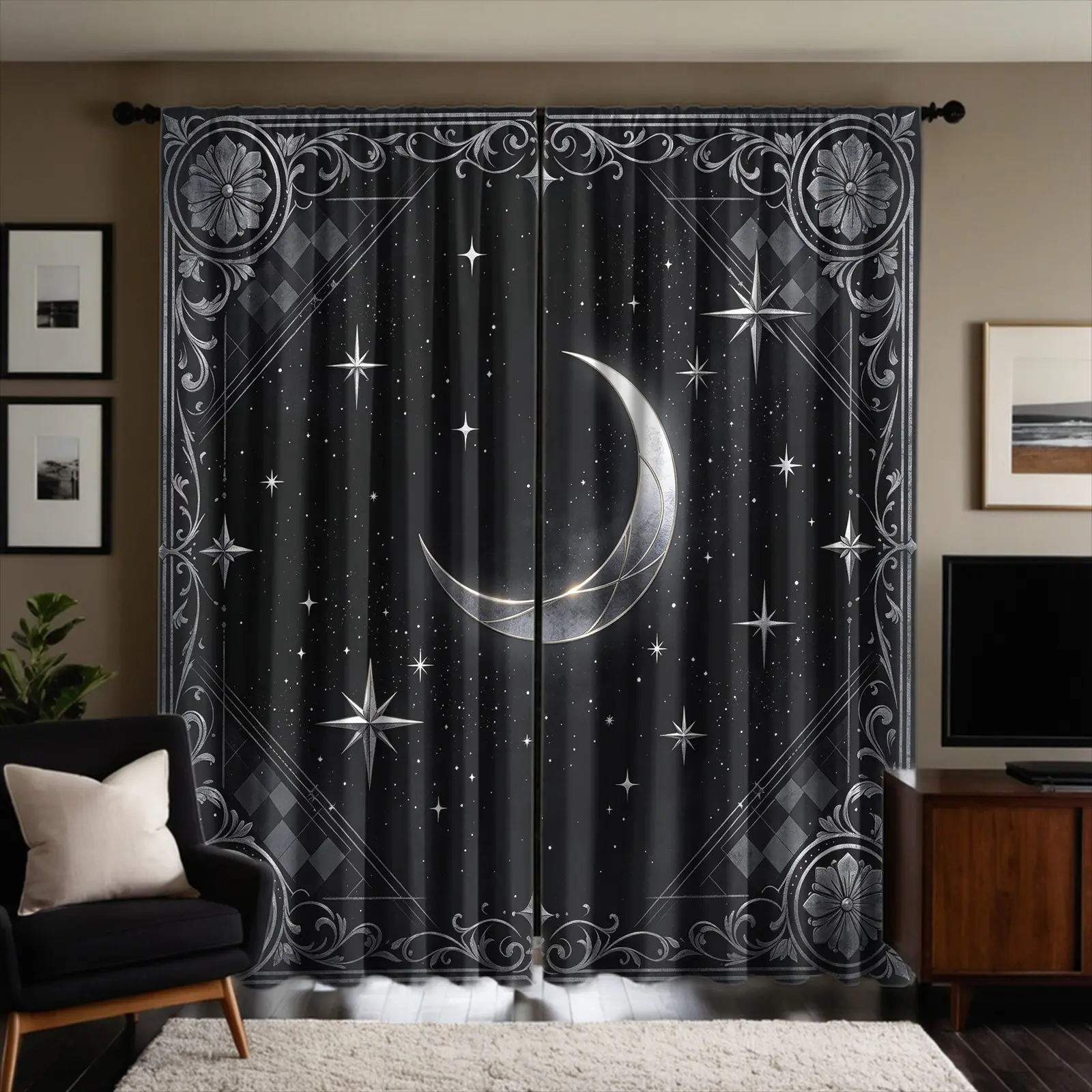 2 Panels Vintage Tarot Celestial Moon Star Curtains, Silver Carved Floral Border, Breathable Washable Brushed Fabric, Soft Light Filtering, Heat Insulation Noise Reduction & Privacy, Mystical Boho Witch Bedroom Living Room Decor