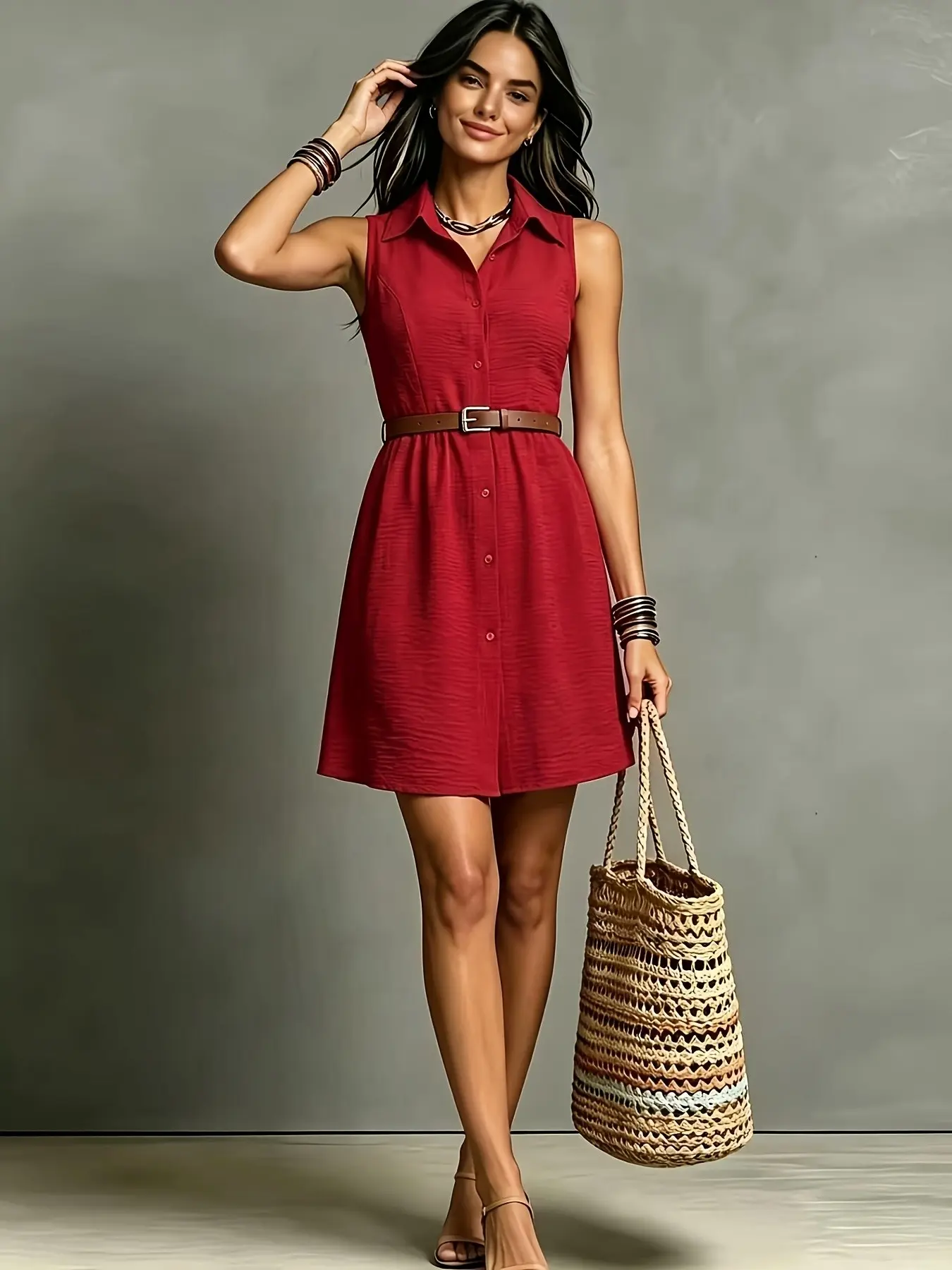 2026 Summer Women's Linen Solid Color Lapel Sleeveless Casual Short Skirt, Belted Short Dress, Comfortable and Stylish