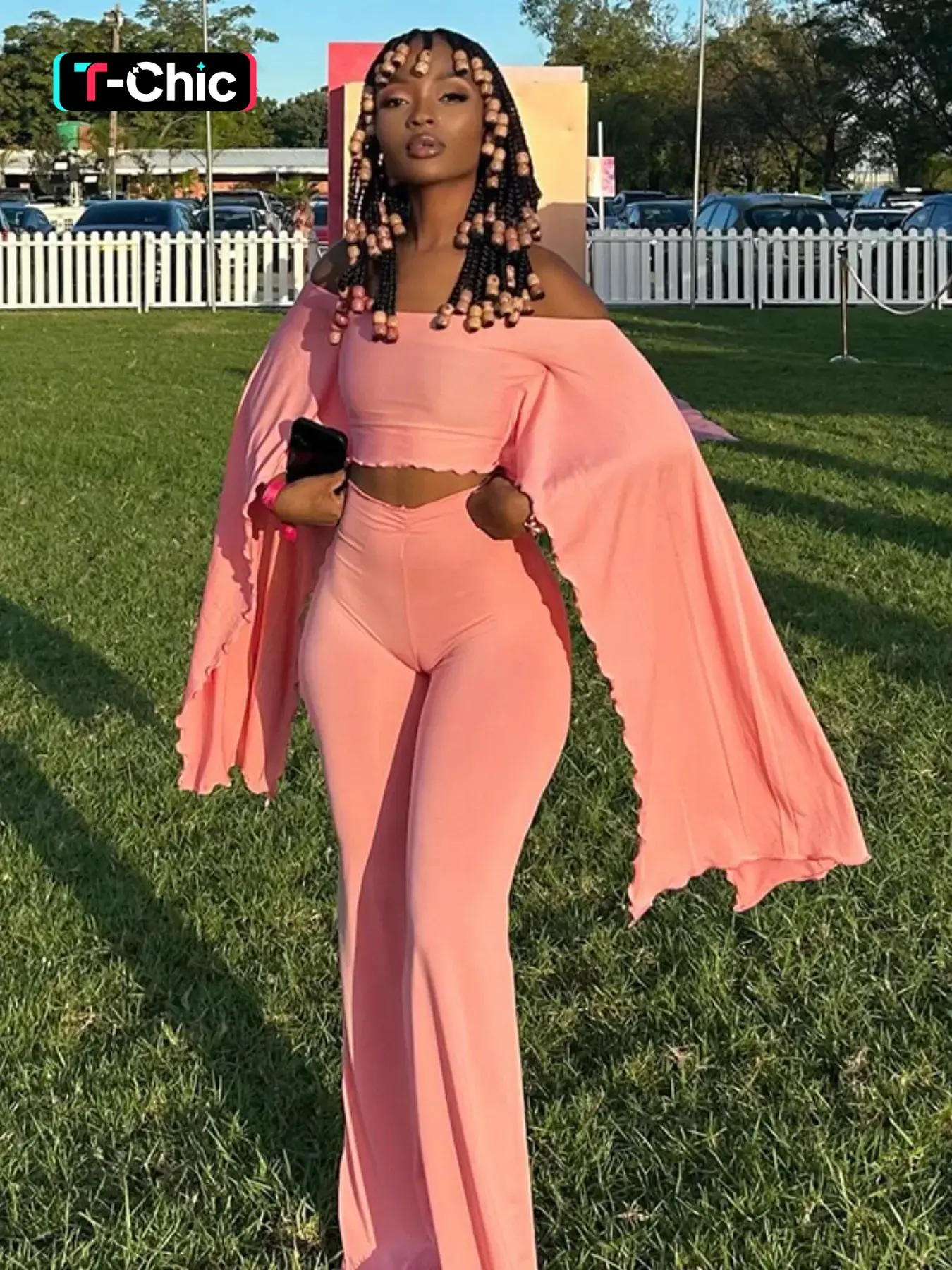 Women's Two-Piece Set, Plain Off  Shoulder Ruffle Long Sleeve Top & High-Waist Flare Pants, Fashionable for Dates and Vacations