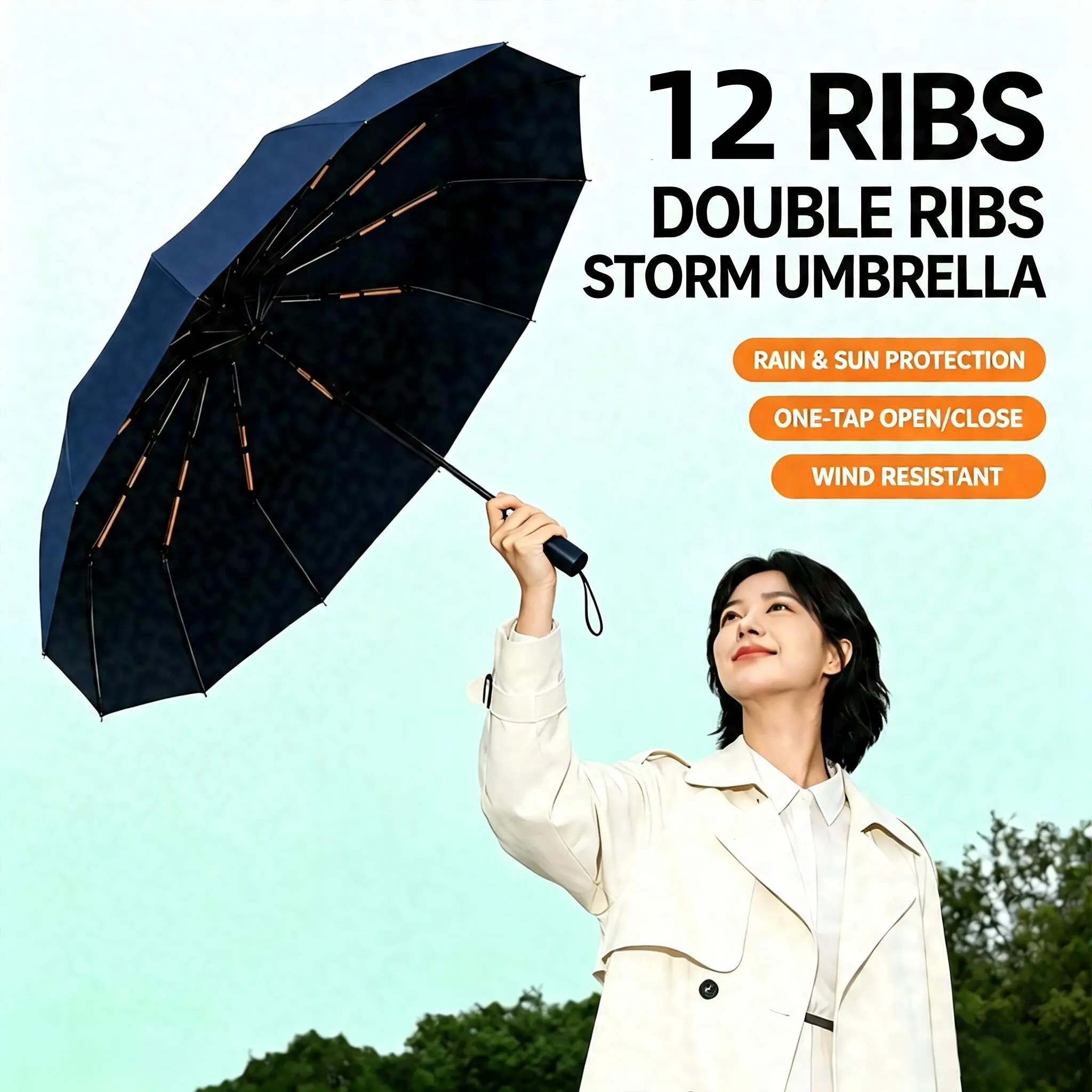 12-Rib Double Reinforced Auto Umbrella, UV Block Coating, All-Weather Sun & Rain Parasol, Durable Design, 1pc