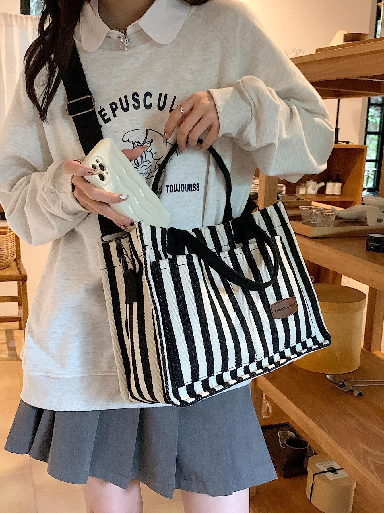 Women's Stripe Tote Bag, Large Capacity Shoulder Bag for Daily Used, Casual Trendy Versatile High-quality Daily Commuting Bag, Girl Fashionable Shopping Bag