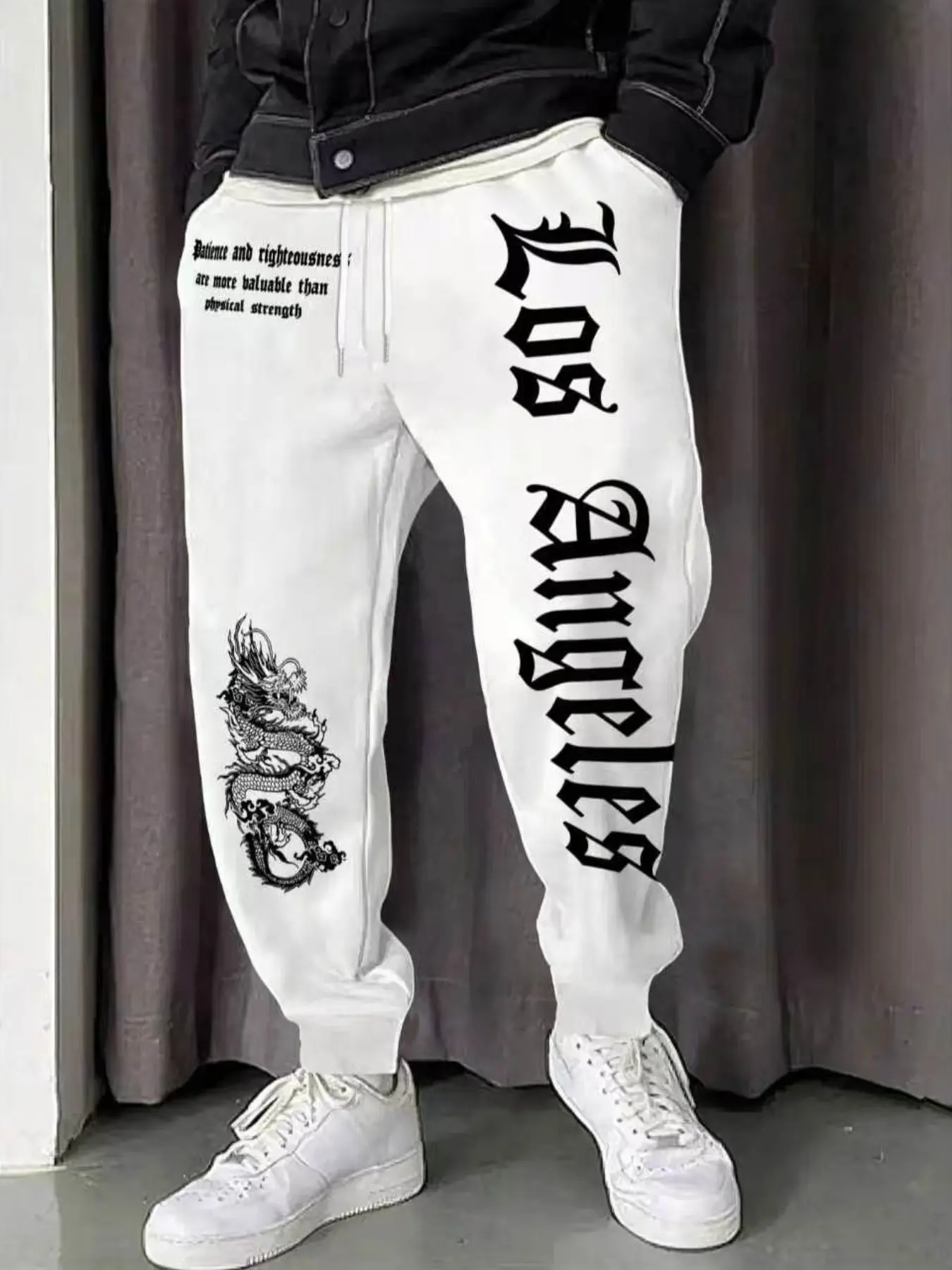 Men's Casual Long Pants with Dragon Pattern, Slim-Fitting Fall & Winter Jogger, Motivational Pockets, Hip-Hop Style