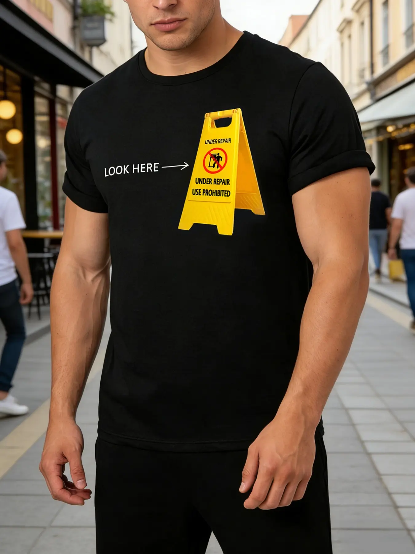 Funny Under Repair Warning Sign Graphic Tee, Hilarious Novelty Prank T-Shirt for Men, Short Sleeve Crew Neck, Casual Top, Gift Idea