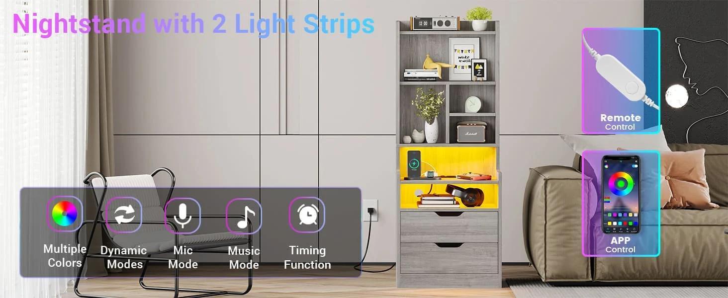 Sikaic LED Tall Nightstand with Bookshelf Charging Station Grey Modern Side Table Bedside Cabinet RGB LED Lights 2 USB Ports & 2 Power Outlets for Bedrooms and Living Rooms