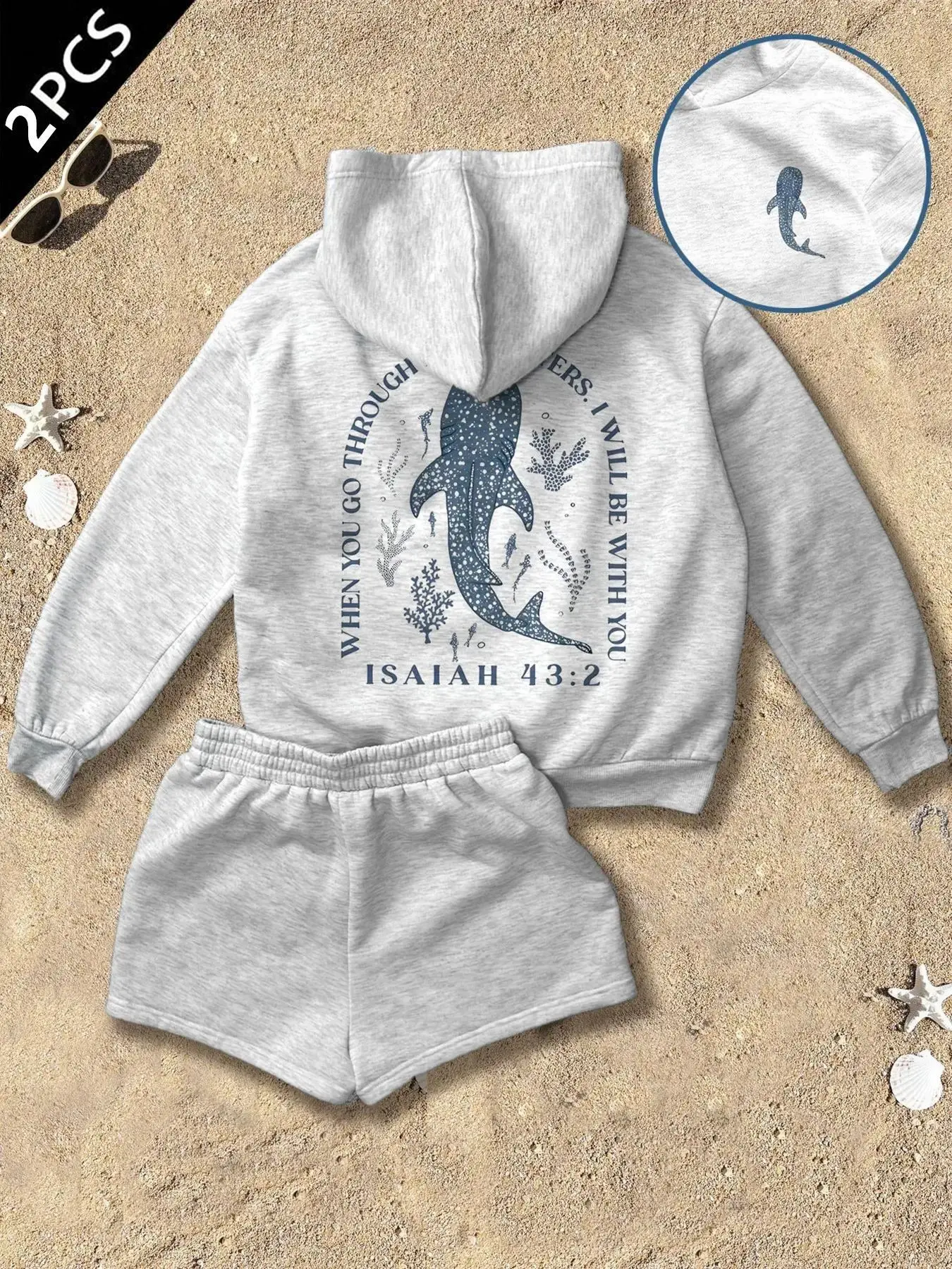 2PCS Outfit Women Beach Grey Whale Shark Printed Hoodie and Shorts Set for Unisex Coastal Beach Vacation Casual