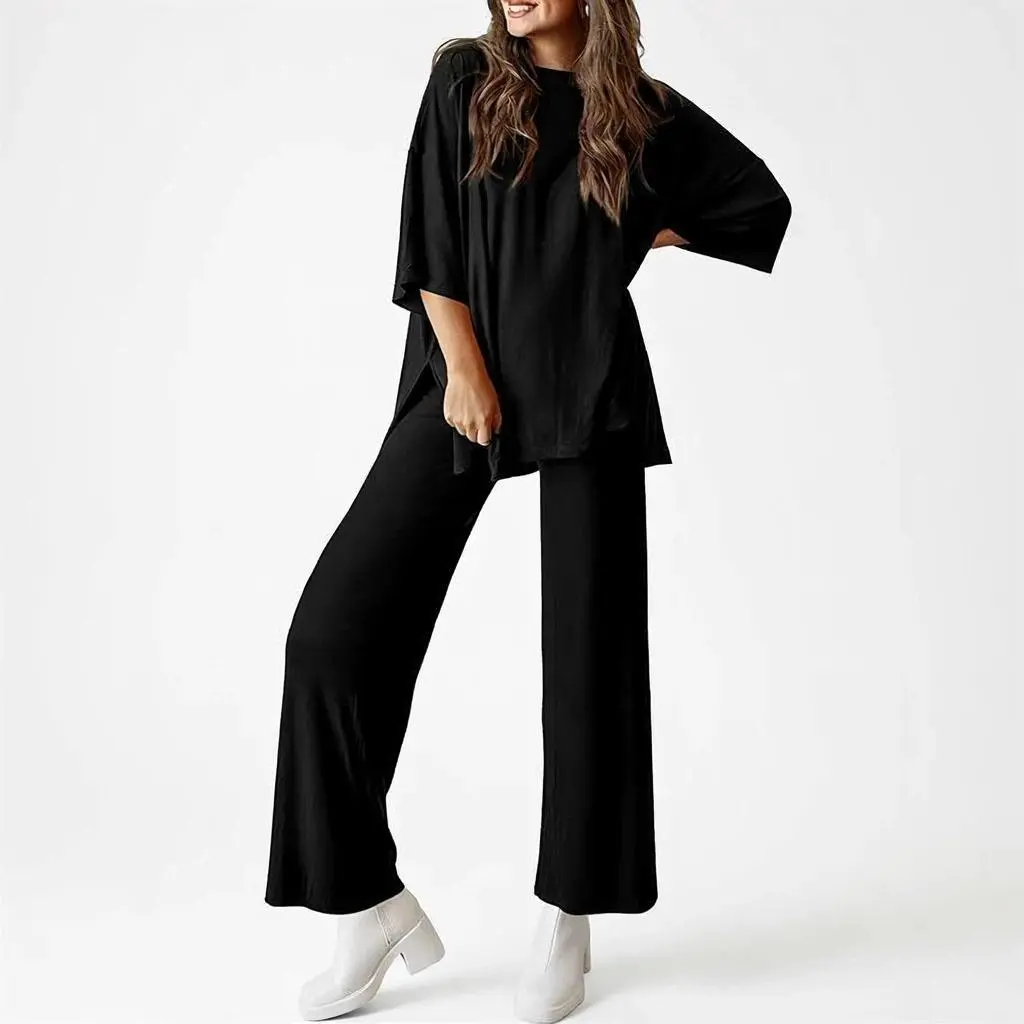 VVZ Women’s Oversized 2 Piece Outfit Casual Loose Fit T Shirt and Wide Leg Pants Set 95% Rayon 5% Spandex Soft Lightweight Breathable Comfy Lounge Set for Daily Wear Home Pajamas Trouser