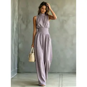 MG1 Women's Elegant Sleeveless Wide Leg Jumpsuit, Women's Simple Solid Jumpsuit with Half-High-Neck, Casual Jumpsuit with Cinched Waist for Slimming Effect, One Piece Overalls Womenswear With Pockets, Vacation Outfits