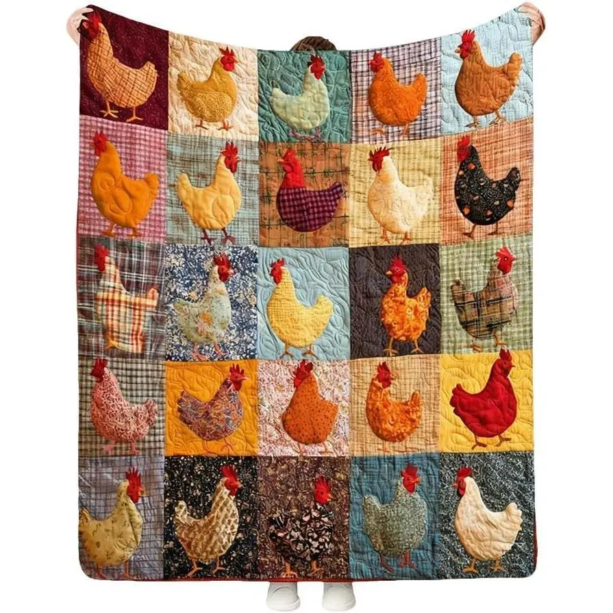 Vintage Rooster Plaid Print Blanket, Funny Cozy Chicken Throw Farm Quilt Chicken Decorations, Warm Farmhouse Gifts for Thanksgiving Winter Holiday