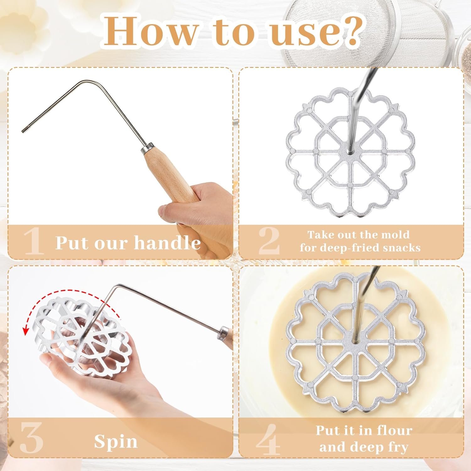 6 count Rosette Iron Mold Set Bunuelos Mold with Handle Cooking Maker Kit Cookie Alloy Waffle Maker with 3 Interchangeable Flower Circle() 6 count Rosette Iron Mold Set Bunuelos Mold with Handle Cooking Maker Kit Cookie Alloy Waffle Maker with 3 Interchangeable Flower Circle()
