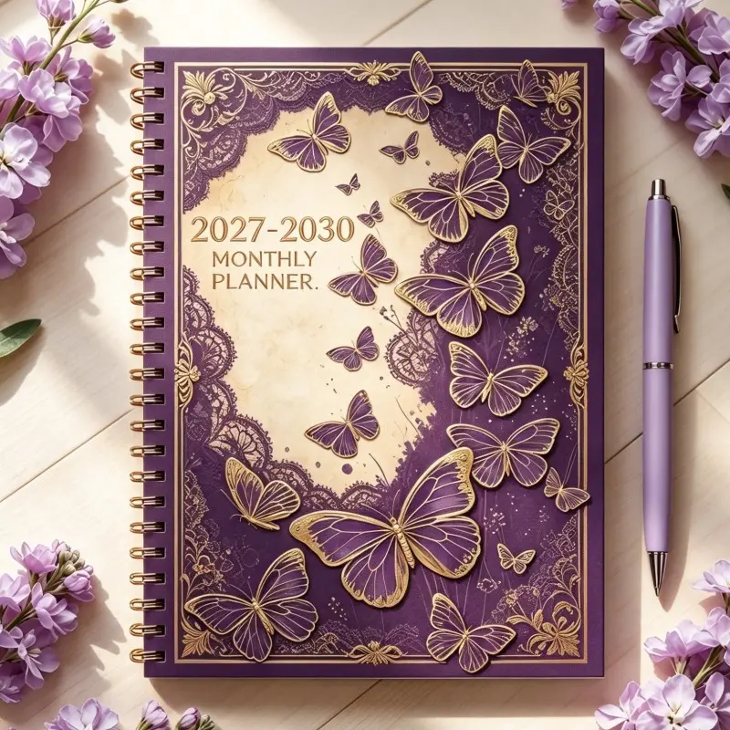 Base Gold Foil Butterfly 2027-2030 Monthly Planner Coil Notebook, High Aesthetic Schedule Hand Account Book, Elegant Design