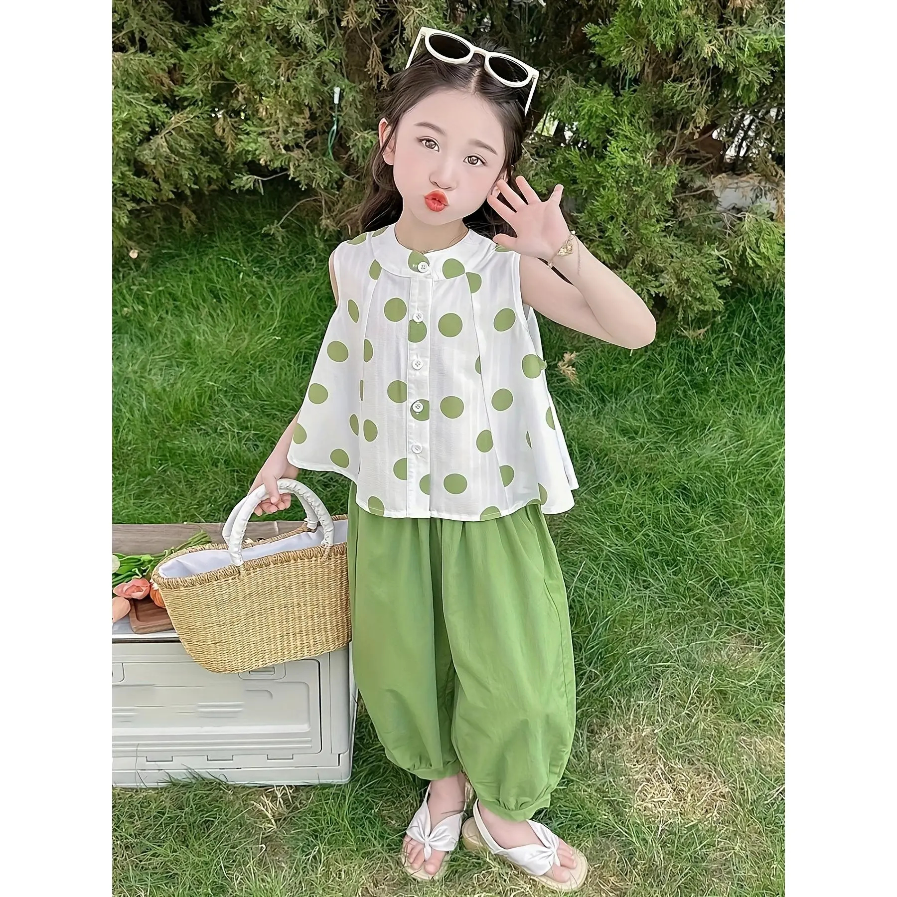 Girls' Summer Set: Stylish and Fashionable Thin Printed Sleeveless Top and Capri Pants 2pcs Set, Perfect for Outdoor