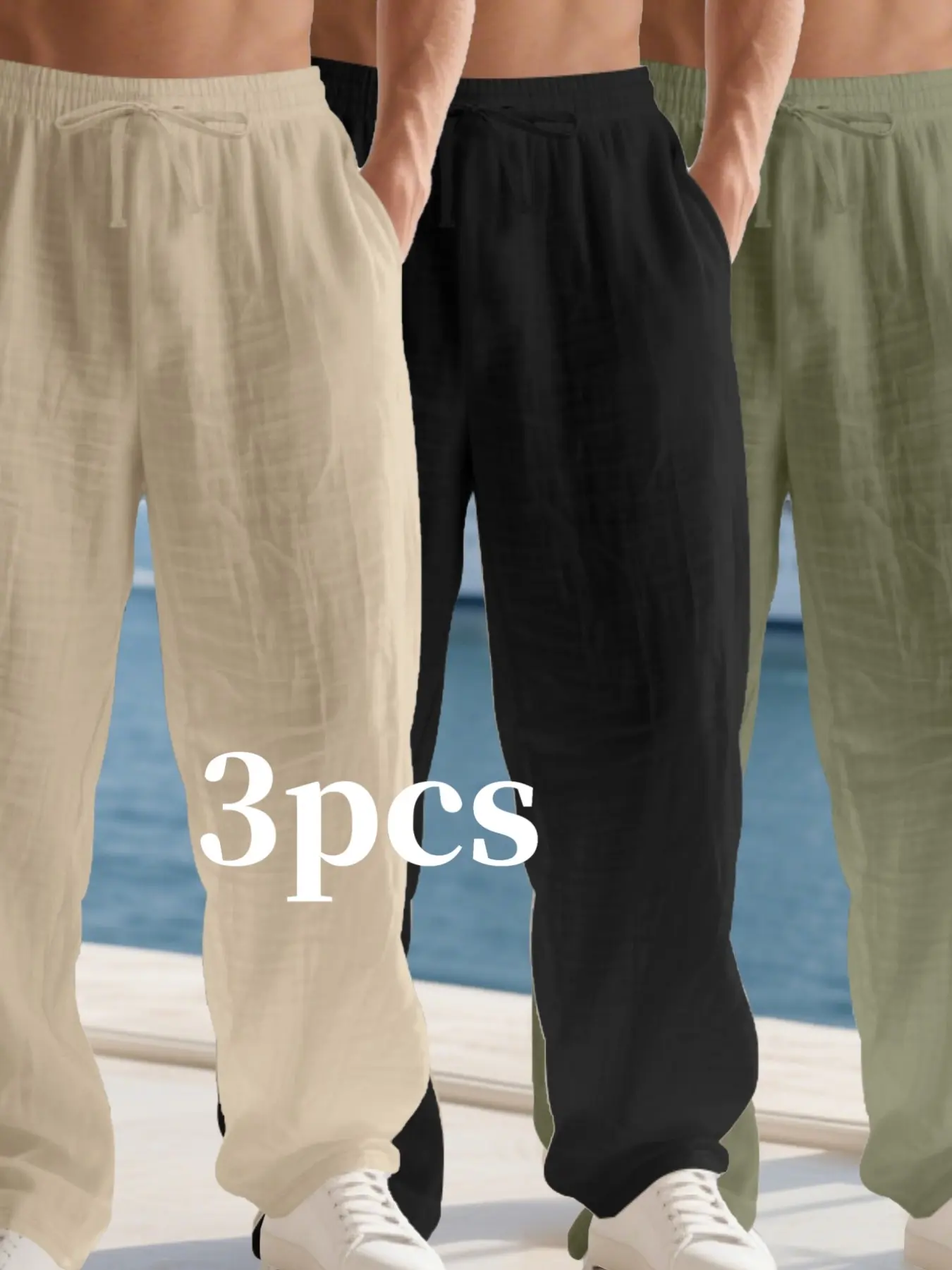 Men's 3-Pack Summer Tropical Linen Trousers, Lightweight Solid Color Drawstring Mid-Waist Loose-Fit Straight Leg Casual Loungewear Pants, Multiple Colors Available