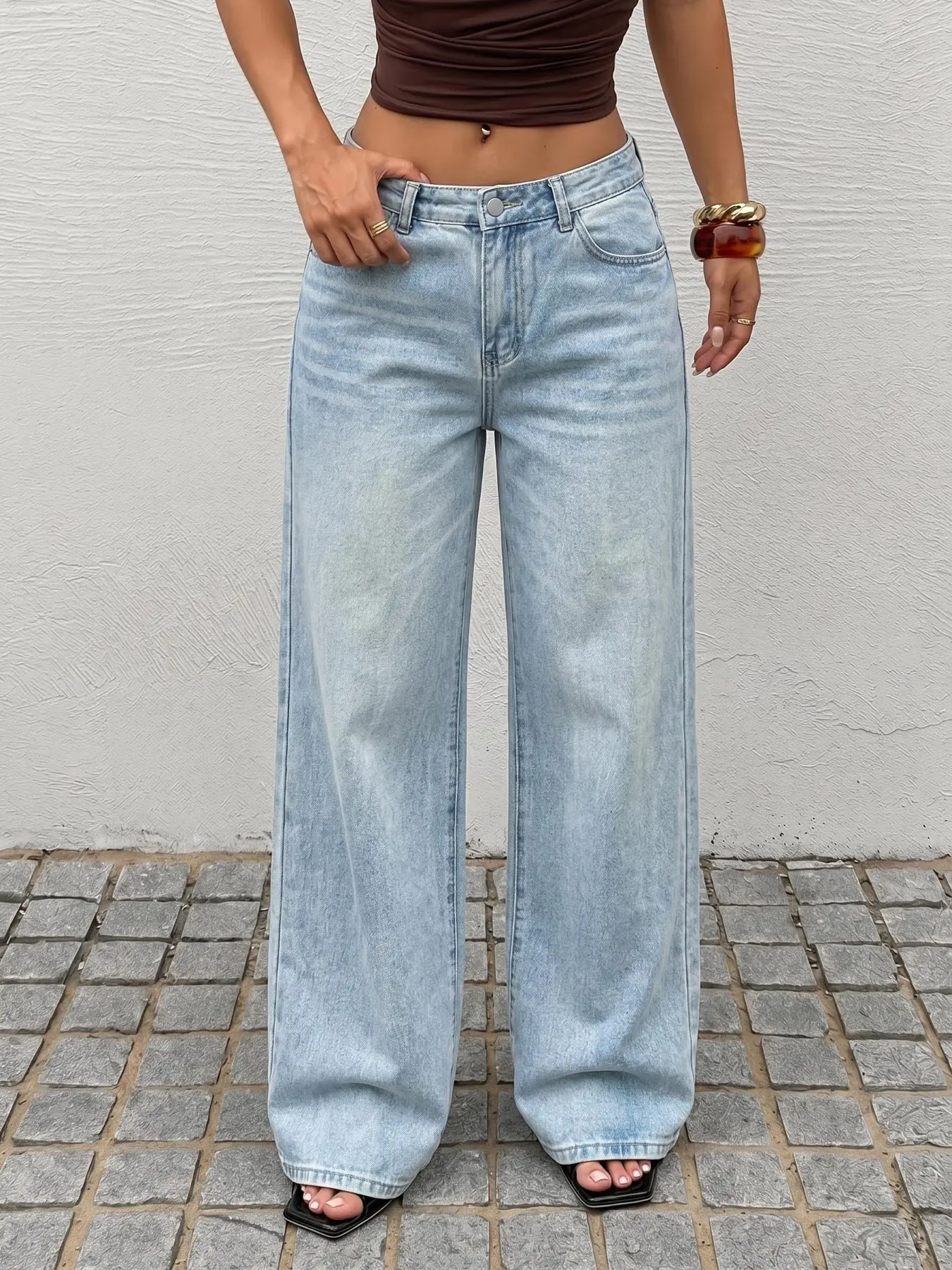 High Waist Wide Leg Jeans for Women, Loose-Fitting Baggy Casual Pants, Vintage Straight Leg, All Seasons, Plain Surface, Unlined