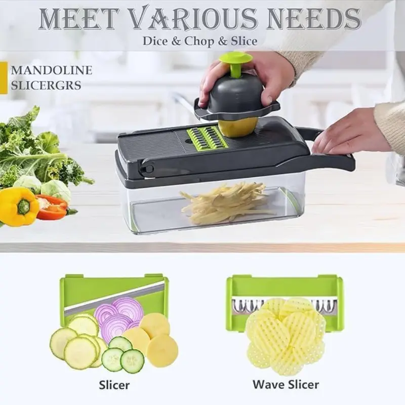 16-in-1 multifunctional food chopper, vegetable dicing and slicing machine, onion chopper, cheese cutting blocker, grater with storage box and hand guard, filter basket, kitchen small tools, Household Manual Shredding & Dicing Cutter
