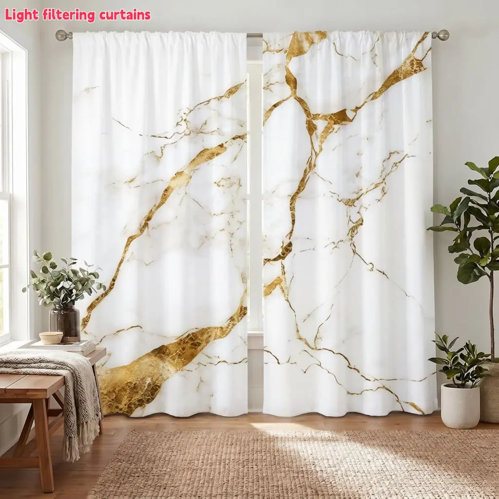 2Pcs Luxury Gold Marble Pattern Curtains, Window Curtain Panels, Artistic Vein Design, Light Filtering & Privacy Protection, Perfect for Living Room, Bedroom, Study, Hotel, Restaurant, Home Decor.