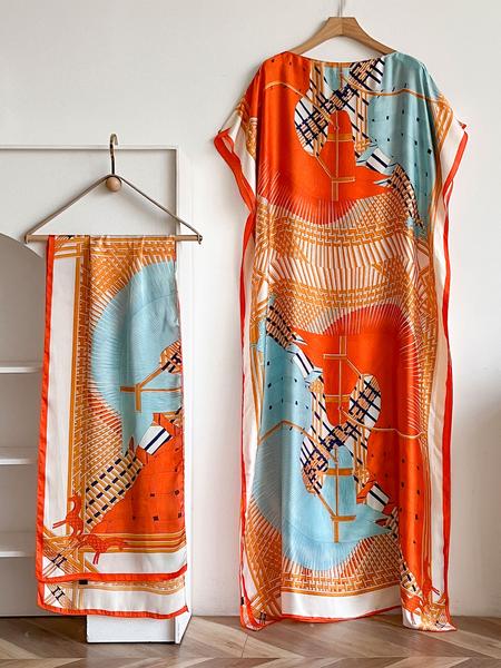 Women's Floral Print Long Sleeve Cape Shawl & Scarf Set, Elegant Casual Silk Scarf & Shawl Set for Beach Vacation, Boho Style Shawl, Fashion Accessories for Women