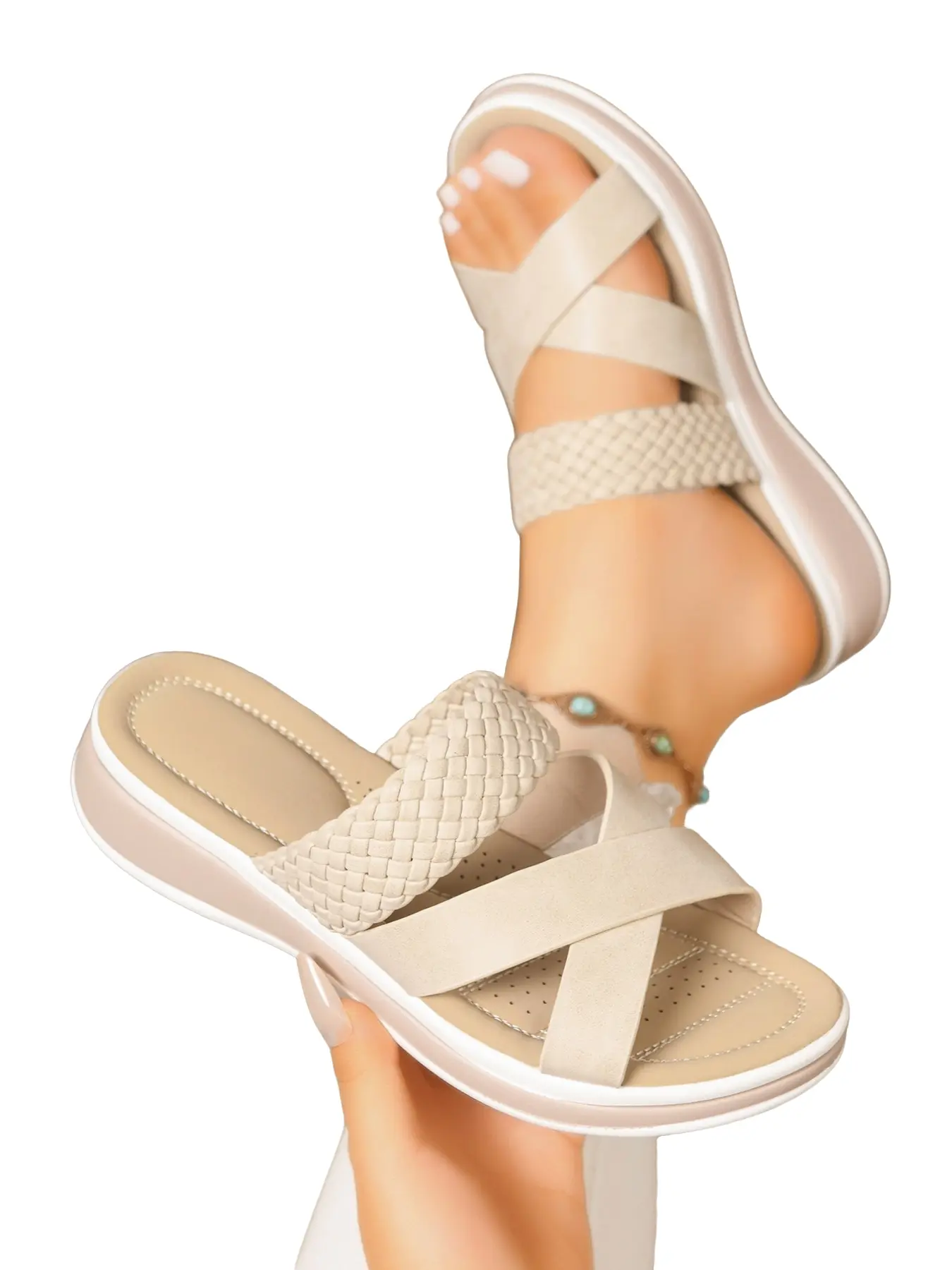 2026 New Braided Cross Strap Wedge Sandals for Women, Outdoor Lightweight Thick Sole Slippers, Casual PU Material, Less Than Ankle Height