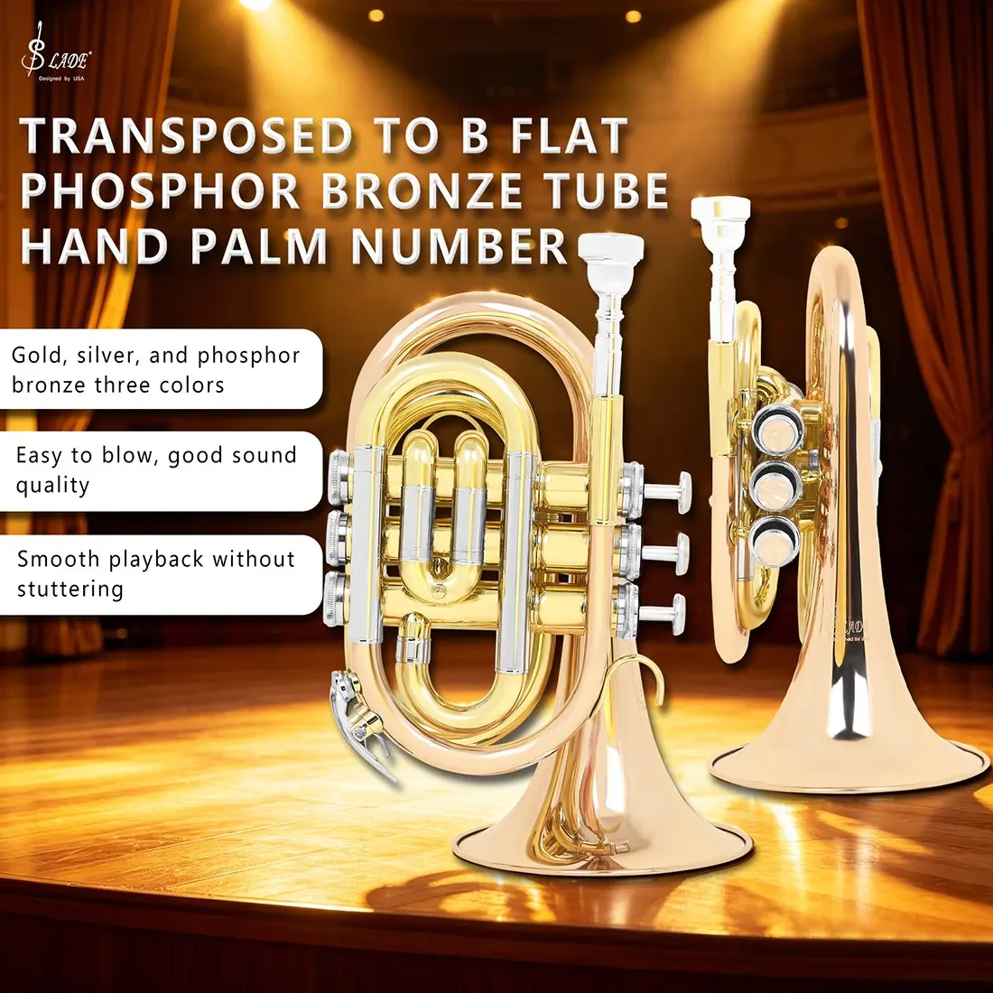 Slade Bb Hand Horn, High-End Brass Body, Three-Tone Plating, Portable Mini Wind Instrument, Stable Pitch, Pure Sound, Includes Storage Case