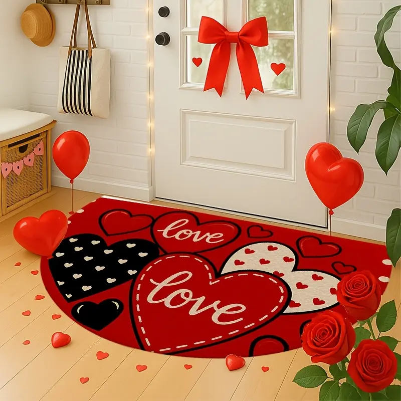 1 Valentine's Day red heart polka dot semicircular doormat - non-slip adhesive design, common indoors and outdoors, hand washable. Love polka dot theme welcome mat, suitable for holiday decoration in entrances, corridors and kitchens