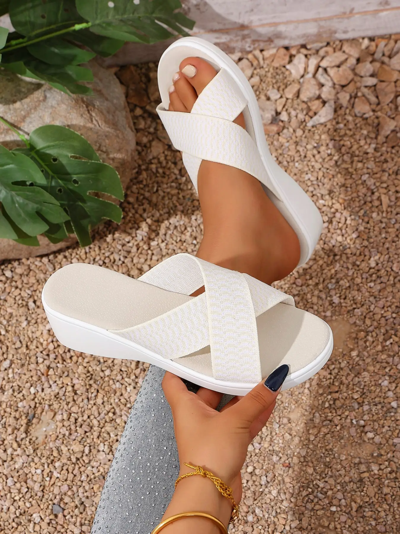 Women's Cross Elastic Fabric Wedge Sandals, Summer New Lightweight Thick Sole Open Toe Outdoor Casual Beach Slippers