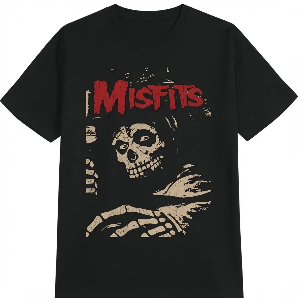 MISFITS Skull 100% Pure Cotton Short Sleeve Graphic T-Shirt, Vintage Iconic Horror Punk Rock Tee with Alternative Menswear Energy, Iconic Horror Punk Energy, Flannel, Loose-Fitting, Shortsleeve, Layer, Soft, Tops, Casual, Classic, Relaxed Fit, Distressed