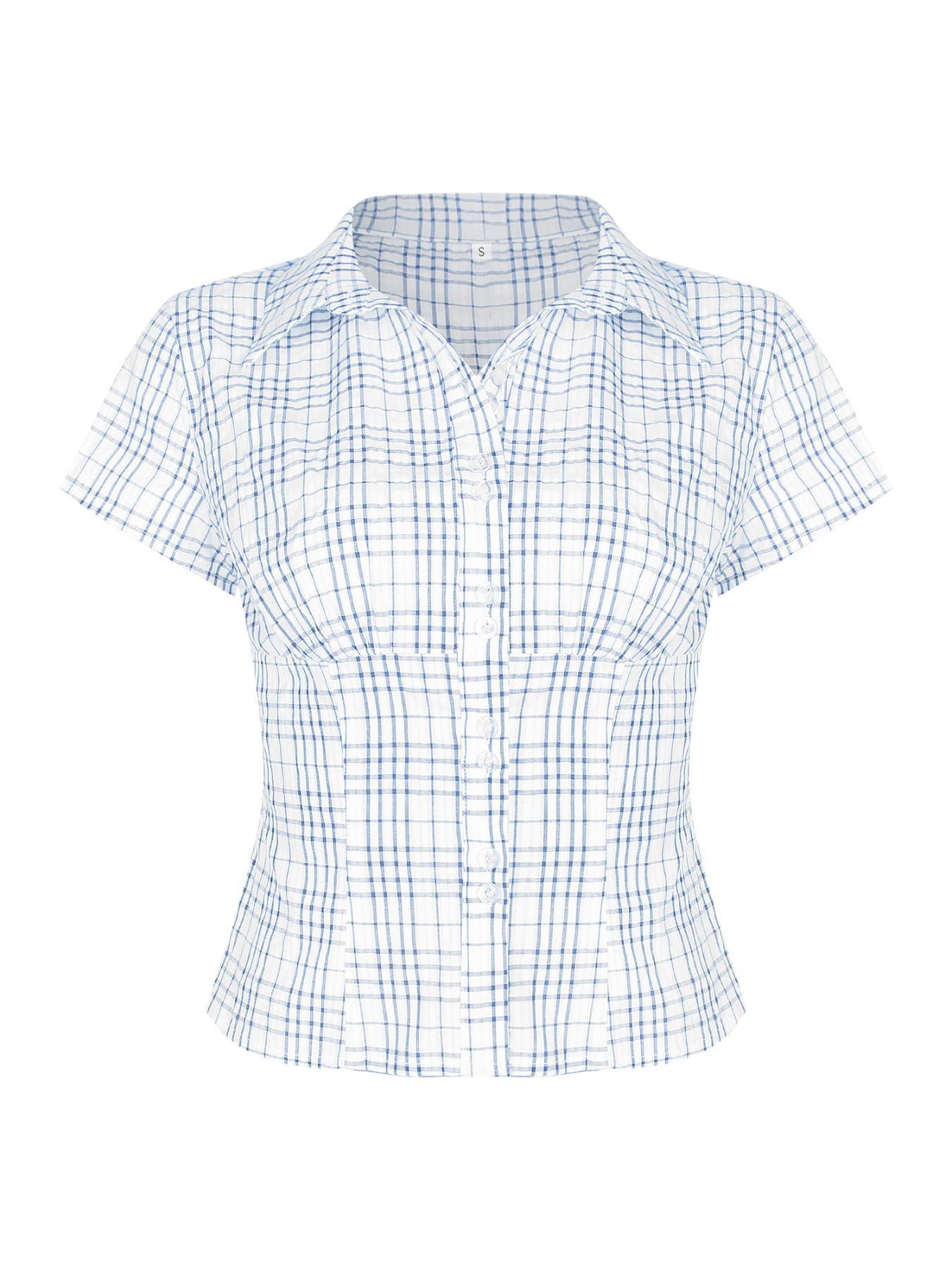 Women's Plaid Print Curved Hem Short Sleeve Casual Fitted Collared Blouse, Button Up Shirt, Casual Bishop Sleeve Top for Summer, Ladies Clothes for Daily Wear