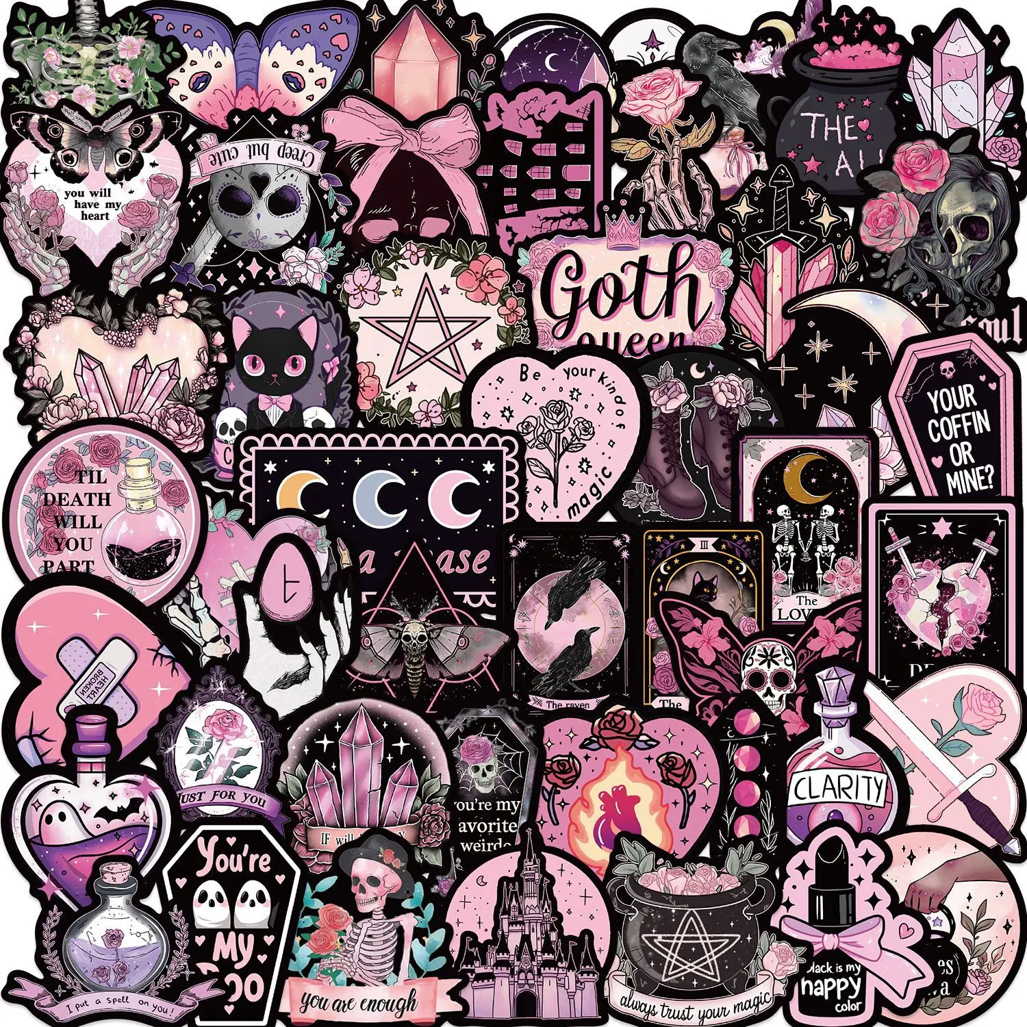 50 Black and Pink Gothic Graffiti Stickers, Suitable for Scrapbooks, Diaries, Laptops, Water Bottles, Cars, and Other Faith-based Designs—gifts with Positive Messages. Decals Stickers