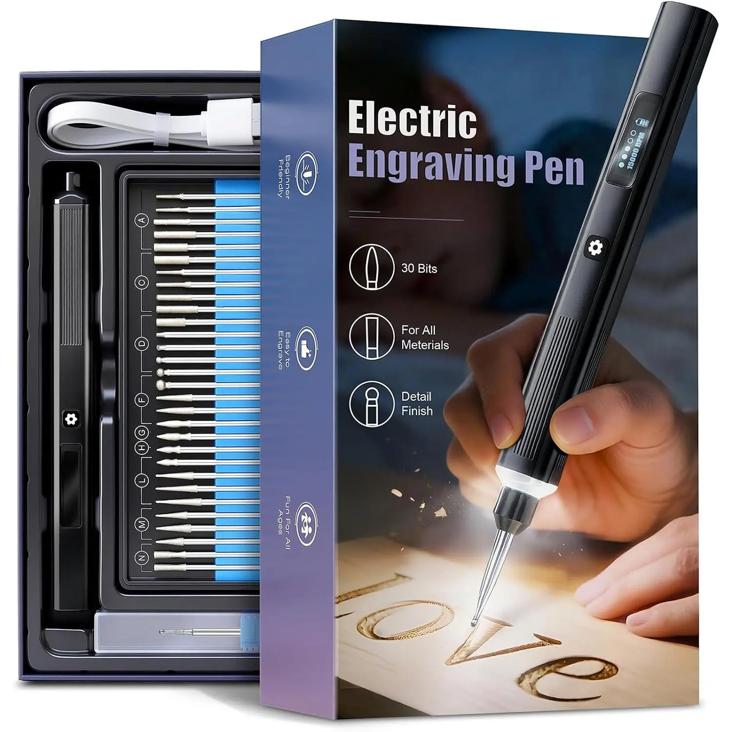 Engraving Pen for Metal, Wood, Glass and Plastic, Gift for Teens, Black 5-Speed Cordless Engraver Tool with LED Ring Light, 31 Precision Bit Kit, Rechargeable USB-C DIY Craft Kit