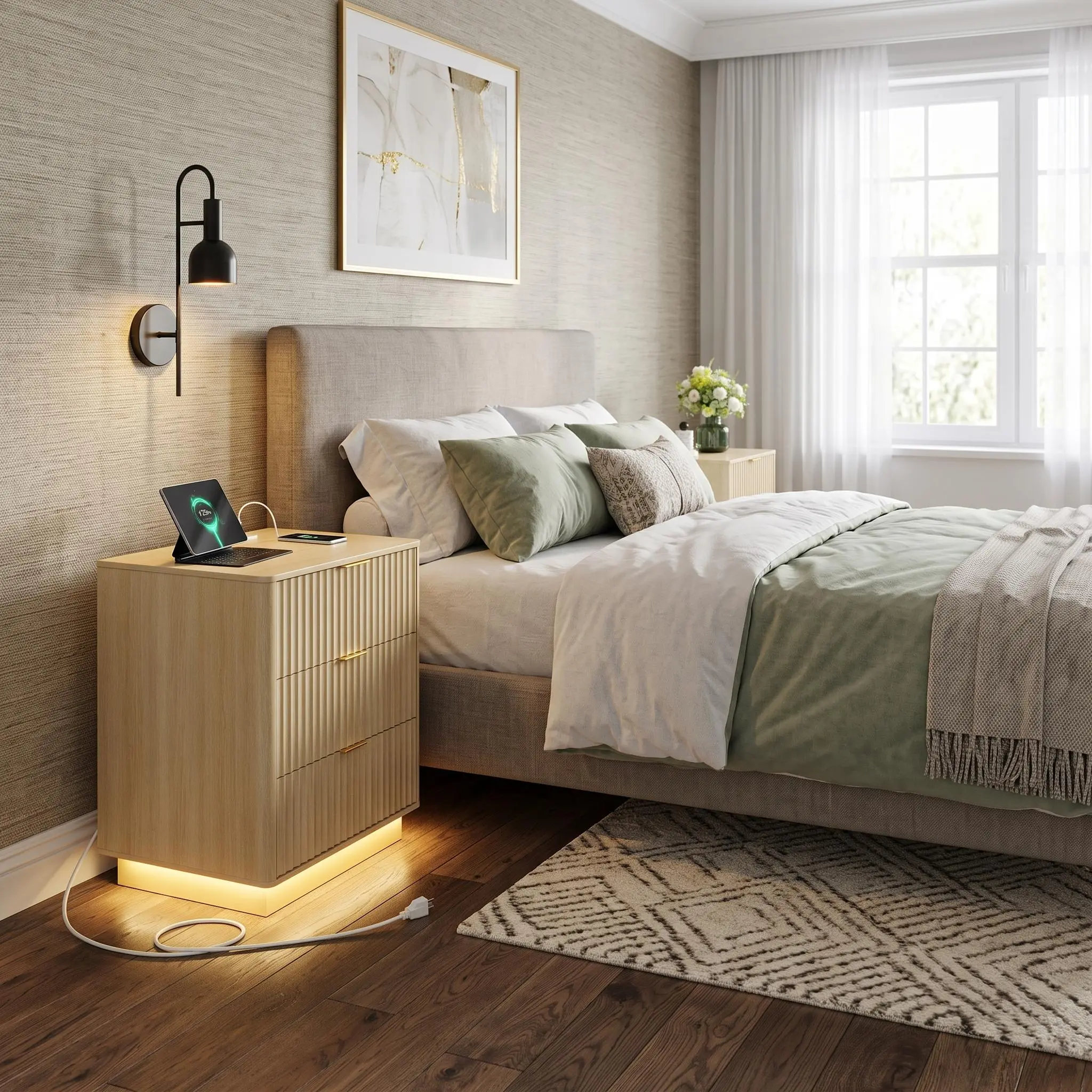【IdealHouse】Set of 2 Mid Century Modern Fluted Wooden Bedside Tables, 3 Drawer Nightstands with Large Storage, Built in Charging Station and LED Light for Bedroom and Living Room