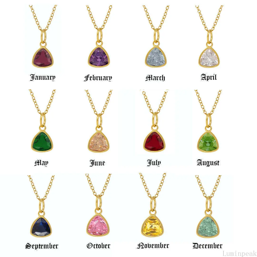 Stainless Steel 12 Month Birthstone Necklace, Triangle Shaped Birthstone Pendant Inlaid With Colorful Cubic Zirconia, Anti-Fade Dainty Clavicle Chain For Women