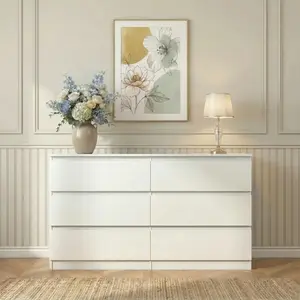 White Wooden 6-Drawer Dresser - Minimalist Drawer Tower, TV Stand Dresser, Storage Cabinet, Aesthetic Furniture for Bedroom & Living Room