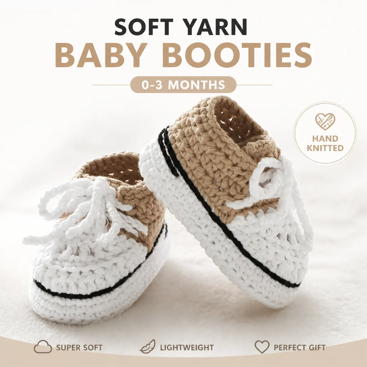 Unisex Soft Yarn Hand-Knitted Crochet Baby Booties with Knit Edges, Newborn Gift, 1 Size Fits 0-3 Months