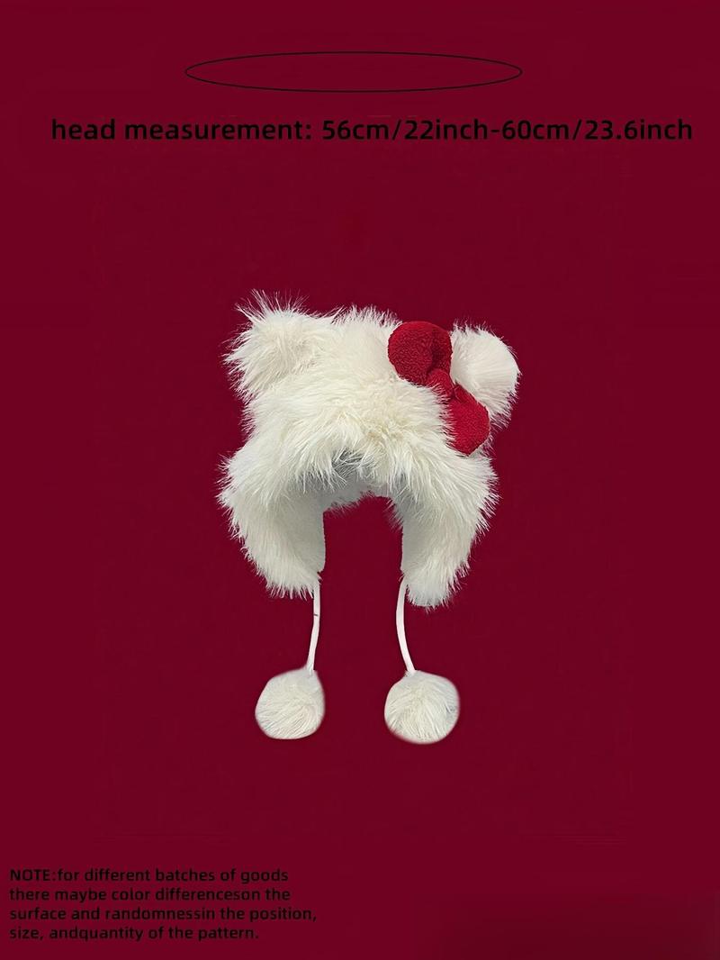 Cute Cat Ear Design Pom Pom Decor Plush Hat, Cute Beanie Hat, New Style Bowknot Design Warm Hat for Fall & Winter, Fashion Accessories for Women & Girls