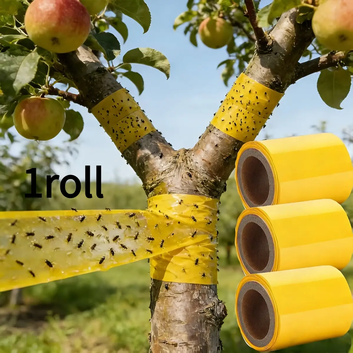 Self-Adhesive Double Sided Tree Insect Barrier Sticky Tape, Non Toxic No Bait Garden Pest Control Sticky Trap, Yellow Bug Guard Tape For Fruit Trees Lawn Yard, Effectively Traps Ants Aphids Moths Outdoor Plant Protection Supplies, Insect Capture Solution