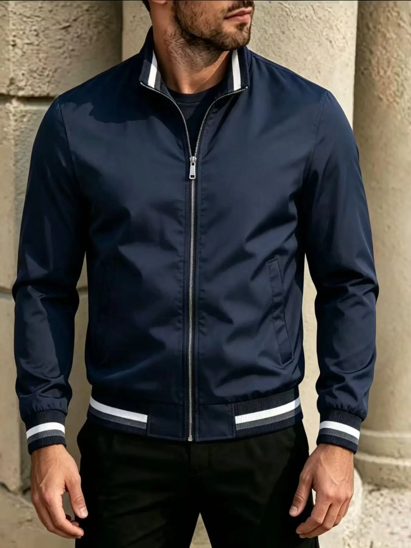 Men's Stand Collar Bomber Jacket, Striped Sleeve Zip-Up Cardigan, Spring Fall Casual Solid Color Coat, Lightweight Baseball Jacket