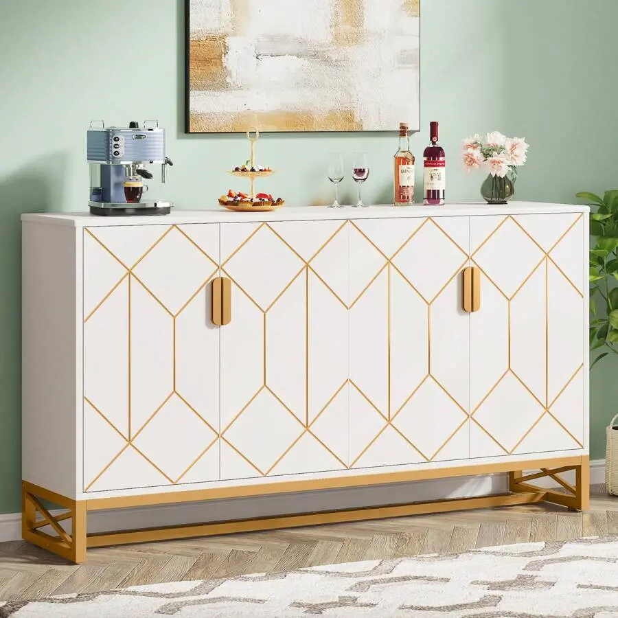 59 in Modern Chic Wood Particle Board Buffet Cabinet - Sturdy, Durable, Easy-to-Assemble Indoor Cupboard with Metal Accents and Ample Space