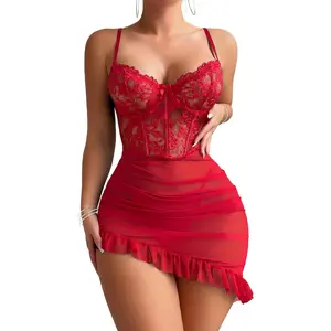 Goddess wardrobe Girece Sexy Lingerie for Women Babydoll Lingerie Dress with Underwire Push Up Bra, Lace Chemise with Ruched Tummy Ruffle Hem