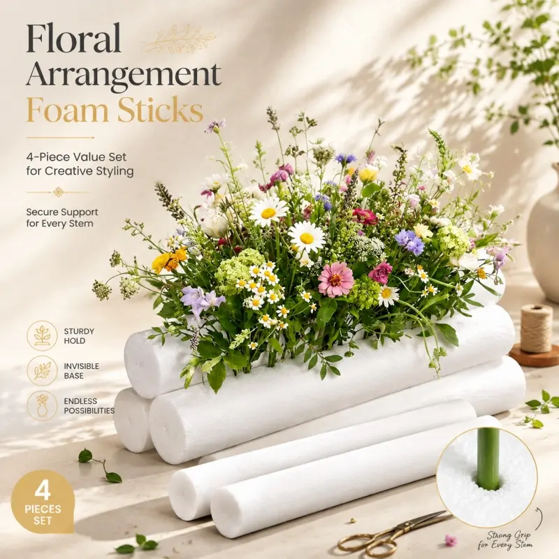 4Pcs Cylindrical Floral Foam Sticks, Professional Flower Fixing Sponge Rods for DIY Unlimited Creative Floral Arrangement of Fresh & Preserved Flowers, Craft Supplies