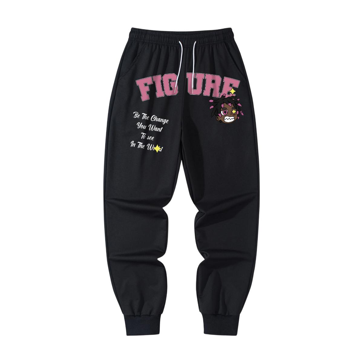 Men's Relaxed Fit Ribbed Hem Joggers - Casual Comfy, Streetwear, Stylish Soft Joggers with Distinctive FIGURE Doodle Print and Inspirational Slogan "Be The Change You Want To See In The World" for Thoughtful Wardrobe Addition, Casual Comfy Joggers