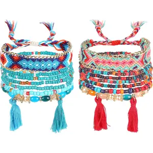 14PCS VSCO Friendship Bracelets for Women Teens, Multicolor Bohemian Woven Bracelets, Handmade Wrap Rope Beach Surfer Boho Beaded Bracelets, Adjustable Gift Jewelry