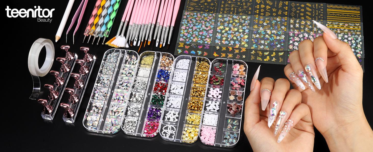 4 Boxes Nail Charms and Gems Set, Nail Rhinestones Nail Kit with Nail Art Brushes Nail Stand, Nail Gems Nail Design Tools with 15pcs Nail Stickers, Gold Nail Pearls for Women Nail Decorations 4 Boxes Nail Charms and Gems Set, Nail Rhinestones Nail Kit with Nail Art Brushes Nail Stand, Nail Gems Nail Design Tools with 15pcs Nail Stickers, Gold Nail Pearls for Women Nail Decorations