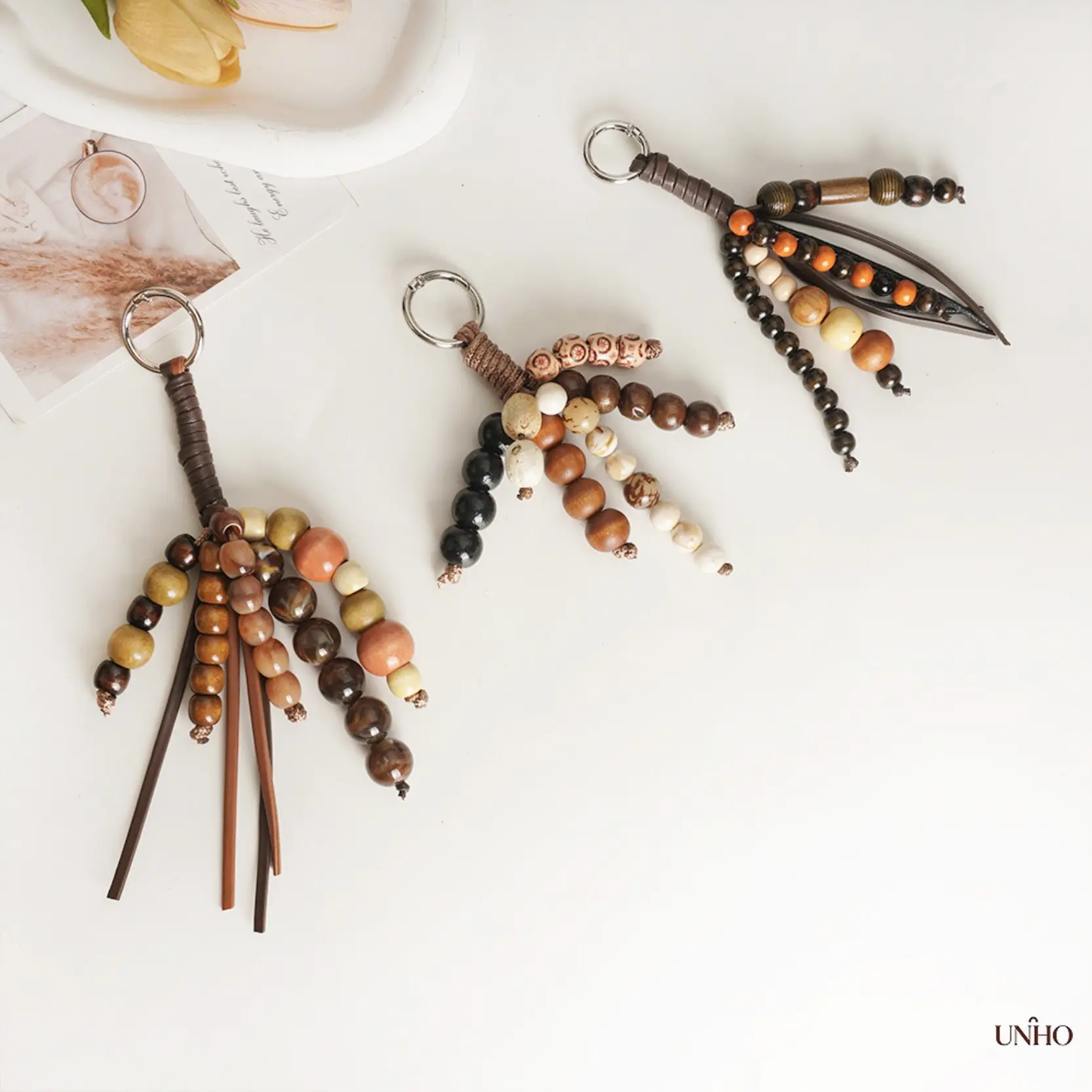 Handmade Full Wish Seed & Bodhi Seed Multi-Color Wooden Bead Keychain, Natural Plant Beaded Bag Charm Pendant, Vintage Zen Style Decor Ornament For Backpacks Car Keys, Meaningful Blessing Accessory & Bulk Wholesale Cross-Border Spiritual Small Gift Hot It