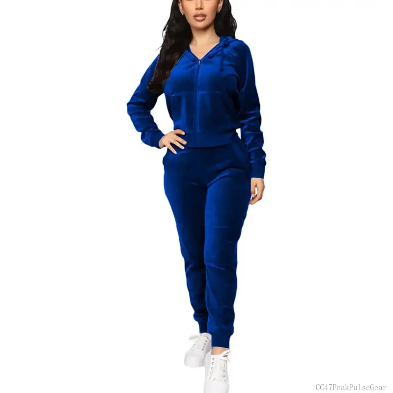 Women's 2-Piece Velour Tracksuit Outfits - Long-Sleeve Full-Zip Hoodie with Pockets, Full-Length Joggers, Solid Colors Velour Fabric for Sports & Outdoor Protective Gear Use