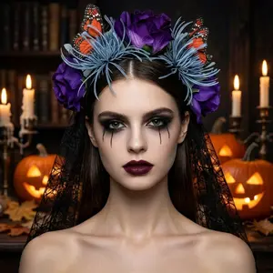 Halloween Simulation Rose Headband with Veil, Gothic Ghost Bridal Floral Hair Hoop Costume Accessory for Women