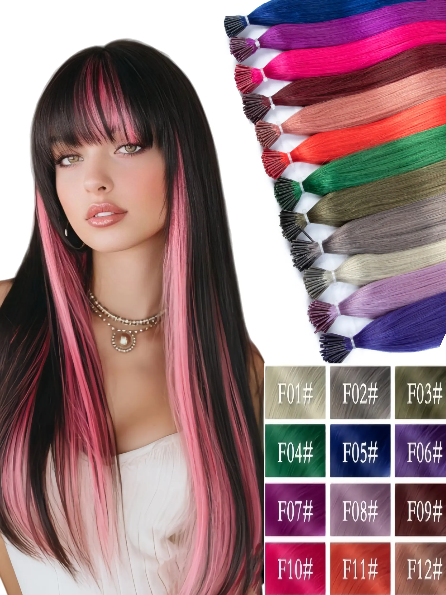 Colorful I Tip Human Hair Extensions for Women, Straight Real Human Hair, Easy Installation And Quick Removal, Rich And Colorful Colors to Meet Various Styles, 30G