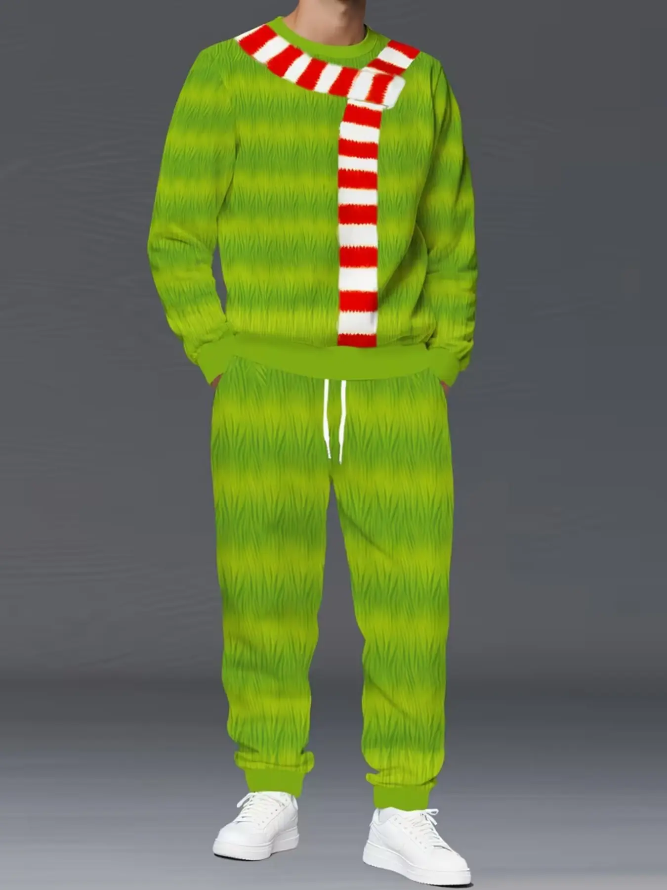 Men's Christmas Style Two-Piece Set, 3D Digital Print Design, Fuzzy Scarf Print, Round Neck Sweatshirt, Cuffed Pants, Fun
